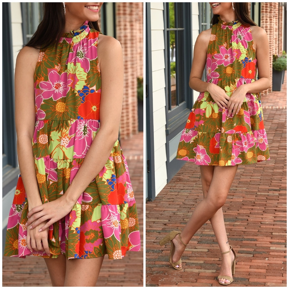 TCEC Floral Mock Neck Tiered Short Swing  Dress - Picture 8 of 8